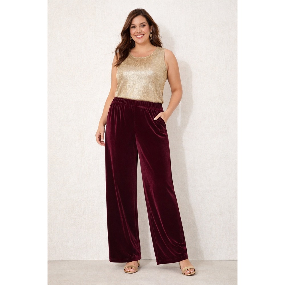 Chicos Velvet Wide Leg Pants Burgundy Pull-On Dressy Lagenlook Size 3P XL Petite